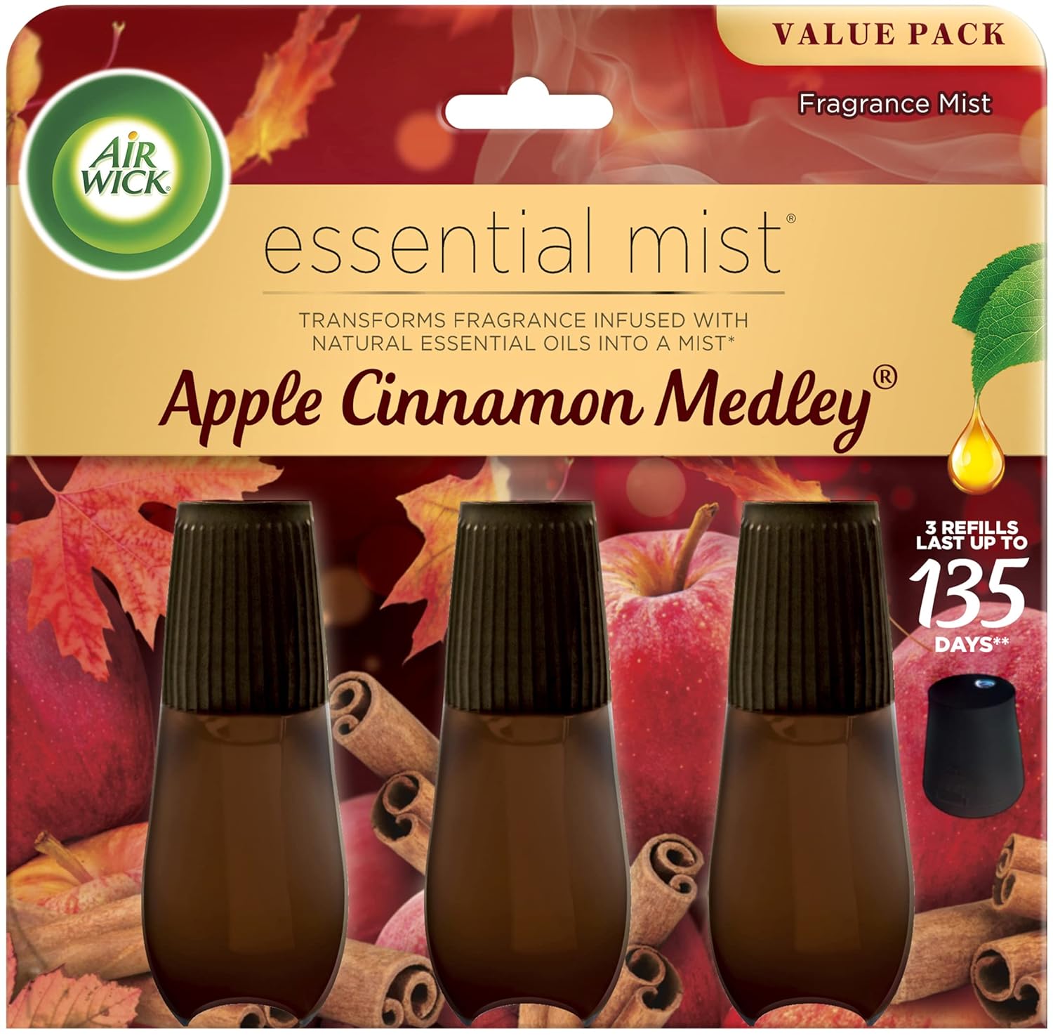 Air Wick Essential Mist Refill 3 ct Apple Cinnamon Medley Essential Oils Diffuser Air Freshener Fall scent Fall