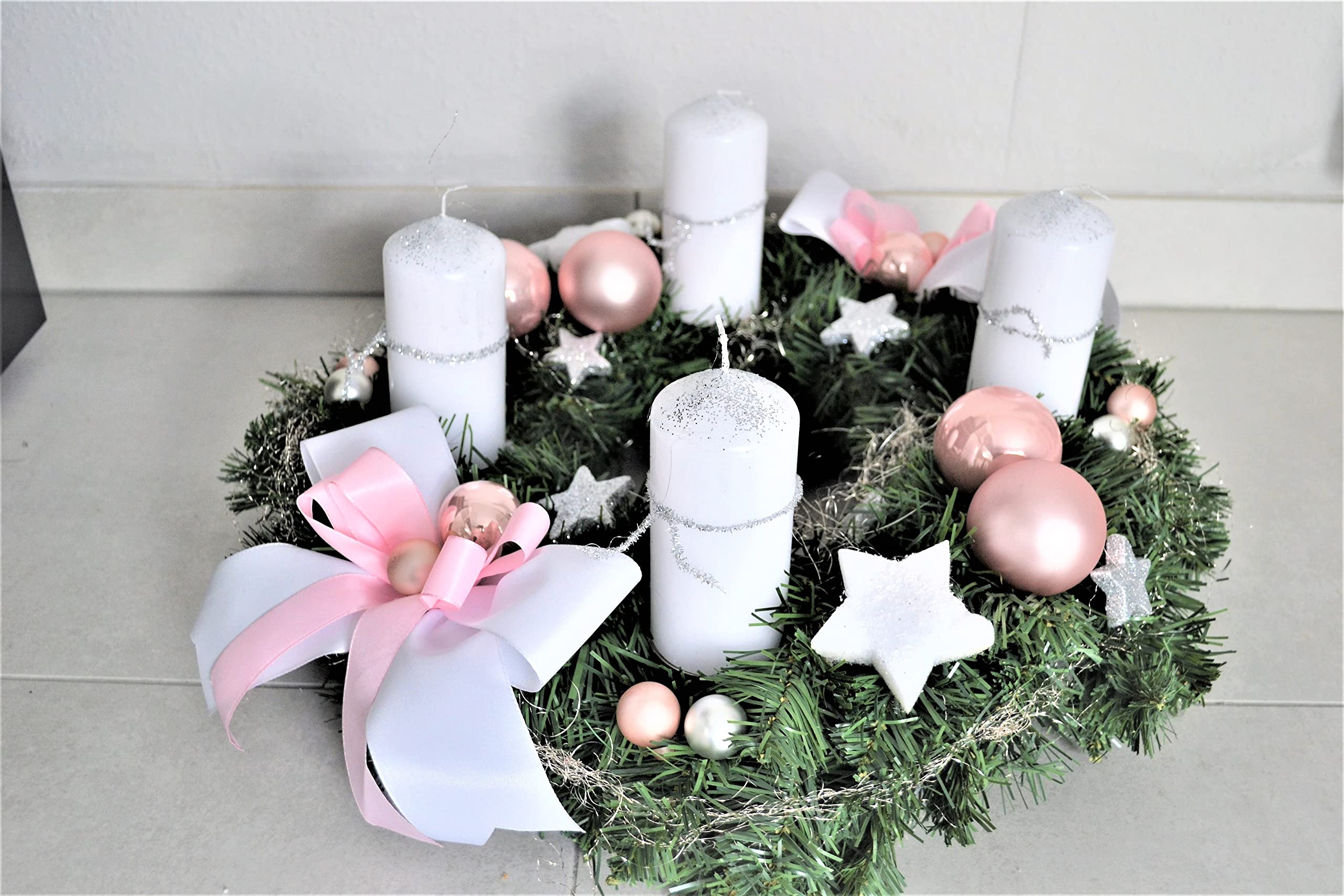 Adventskranz weiß rosa 40 cm künstlich Weihnachten Adventsgesteck Deko
