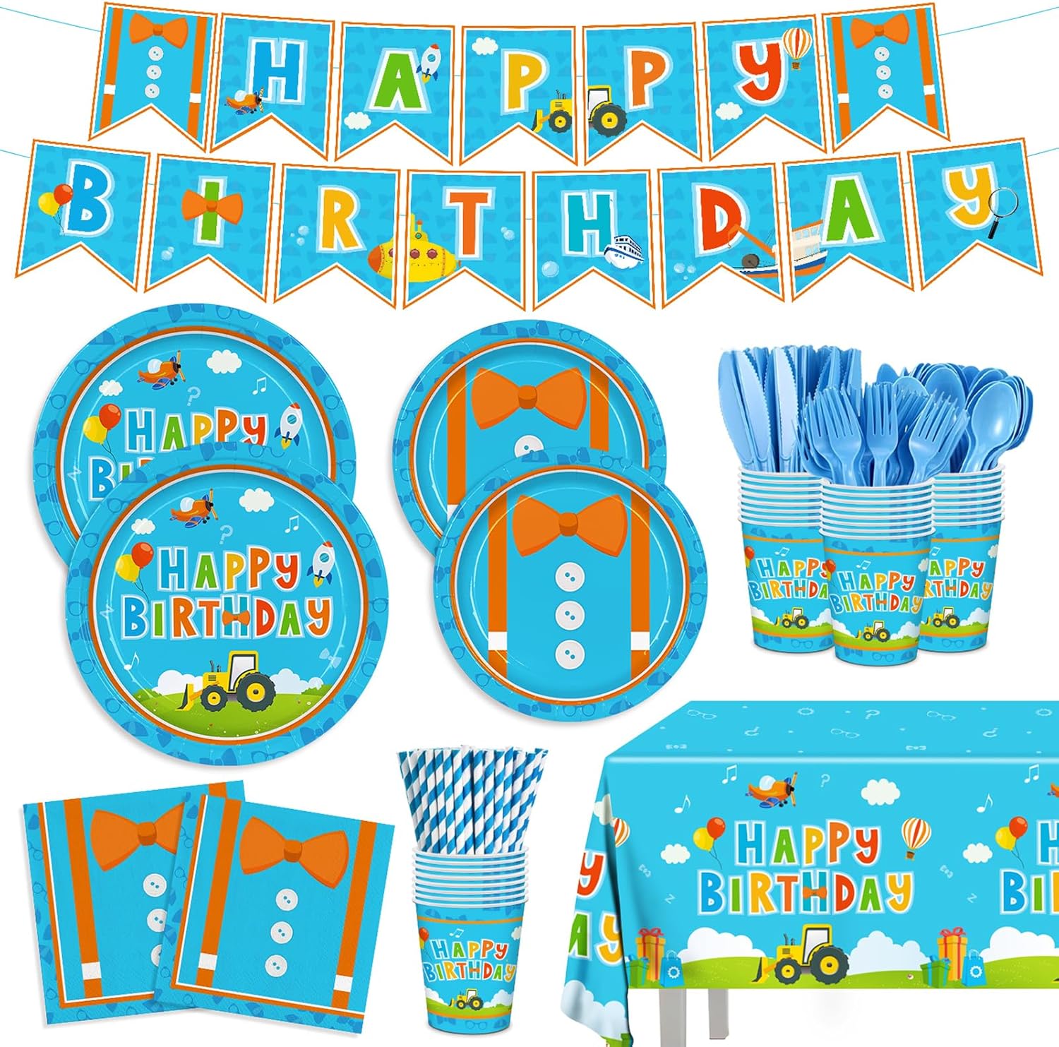 194pcs Blue Birthday Party Supplies Orange Cartoon Plates Napkins Disposable Tableware Set Tablecloth Banner Paper Cups Straws Boys Cartoon Birthday Party Decorations Serve 24