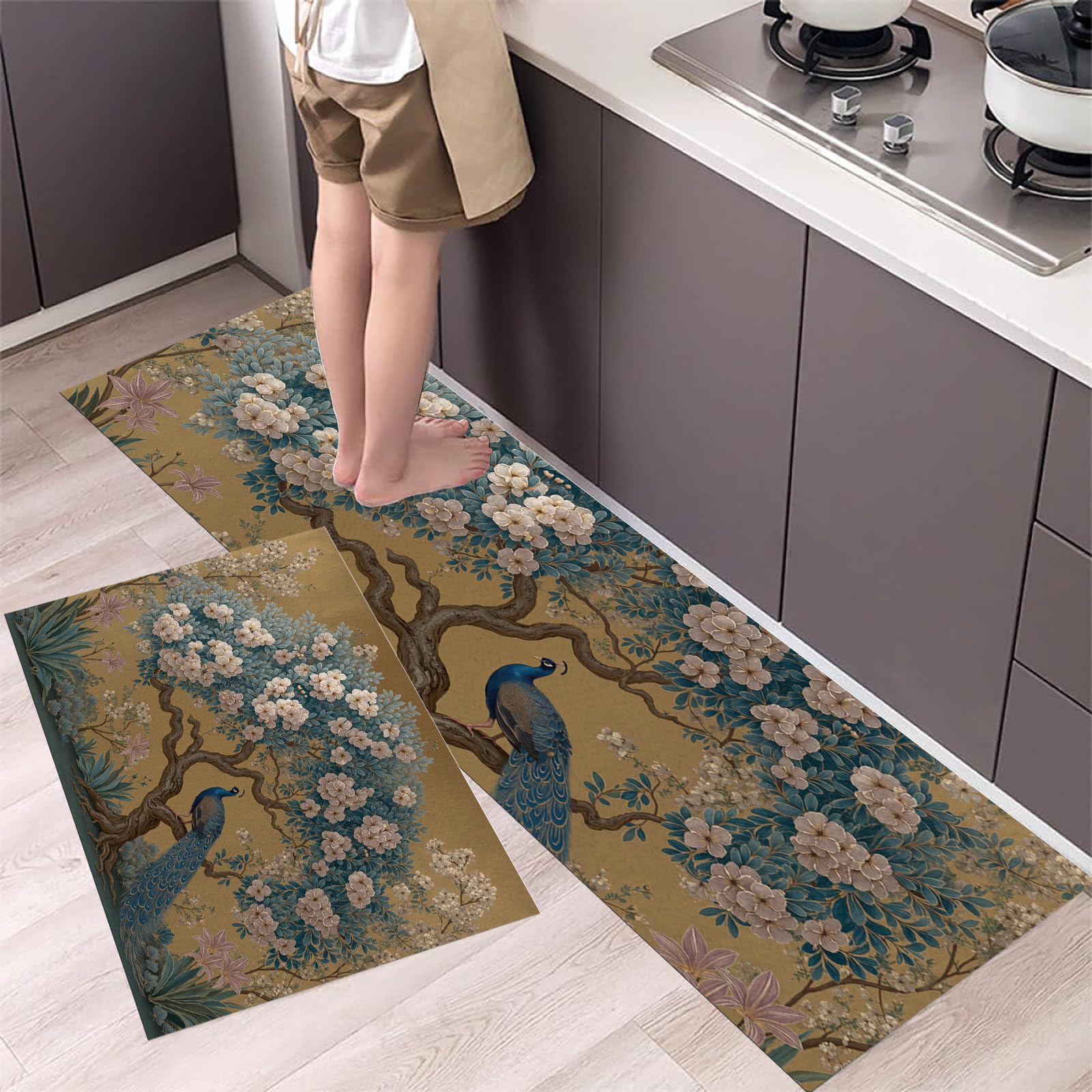 Tapis de cuisine paon au style peinture à l'huile pour une décoration raffinée