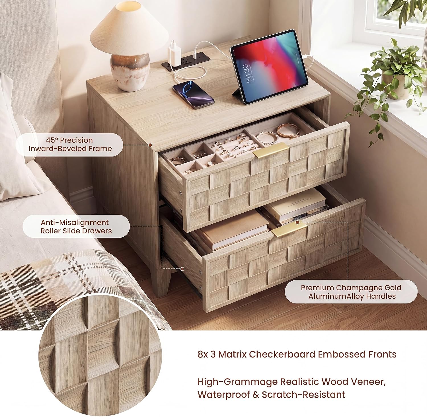 COLAMY Nightstand with Charging Station, Mid-Century Modern Bedside Table with Solid Wood Legs & Drawer, 23.6" High End Table with USB Ports and Outlets for Bedroom, Living Room, Oak White