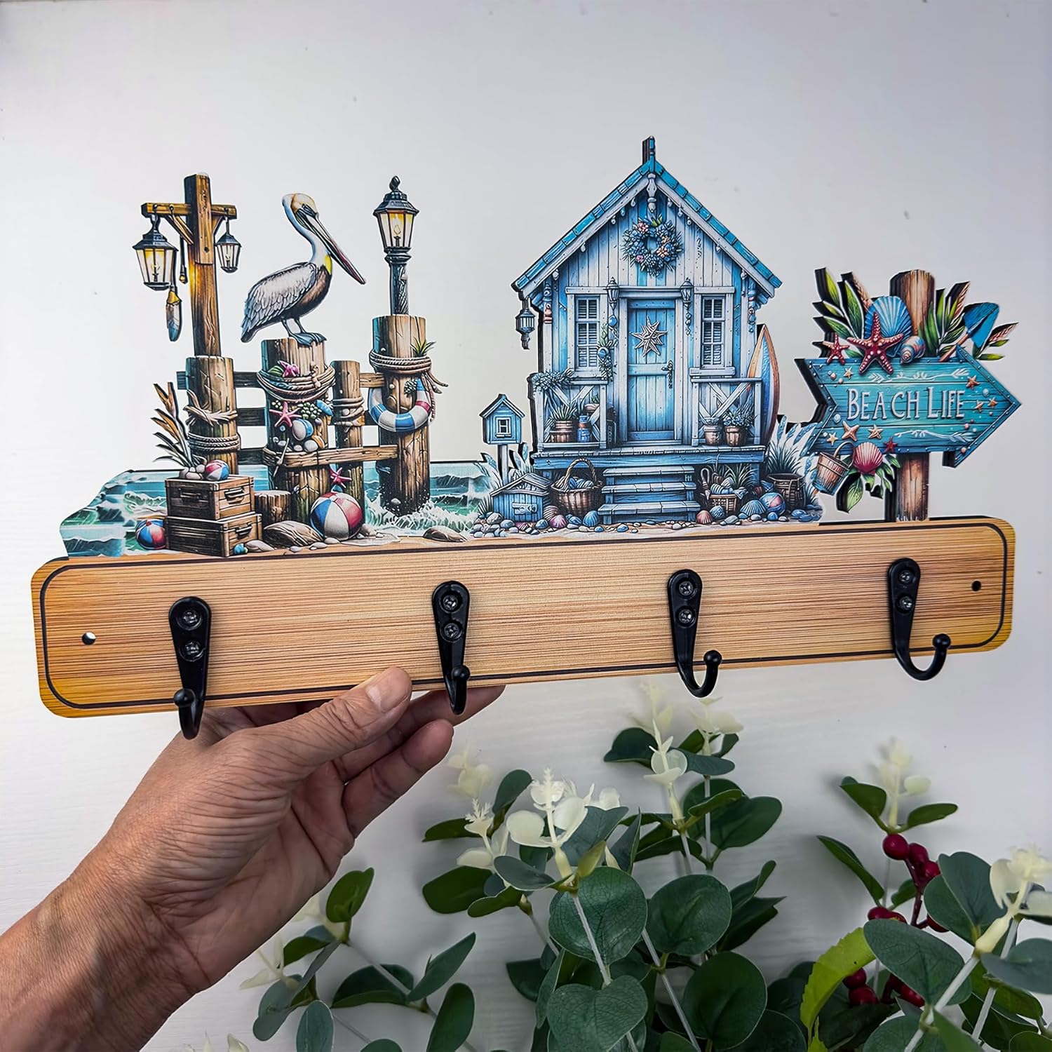 13.8”Long Coastal Beach Cabin Theme Coat Rack with 4 Hooks Cute Wooden Wall Mounted Hanger Kids Coat Towel Backpack Rack Wall Mount Hooks - Image 2