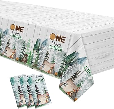 APOWBLS Camping Party Decorations Tablecloth for 1st Birthday, 3 Pack | Disposable Adventure Theme One Happy Camper Decorations Table Cover for First Birthday Party, 54in x 108in