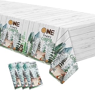 APOWBLS Camping Party Decorations Tablecloth for 1st Birthday - Disposable Adventure Theme One Happy Camper Decorations Table Cover for First Birthday Party - 3 Pack (54in x 108in)