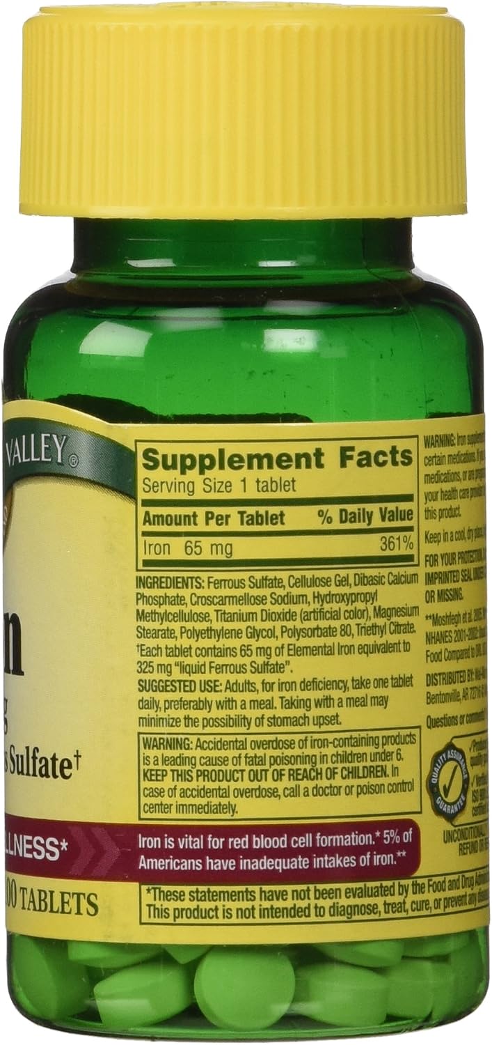 Spring Valley - Iron 65 mg, 200 Tablets - Equivalent to 325 mg Ferrous Sulfate, Twin Pack