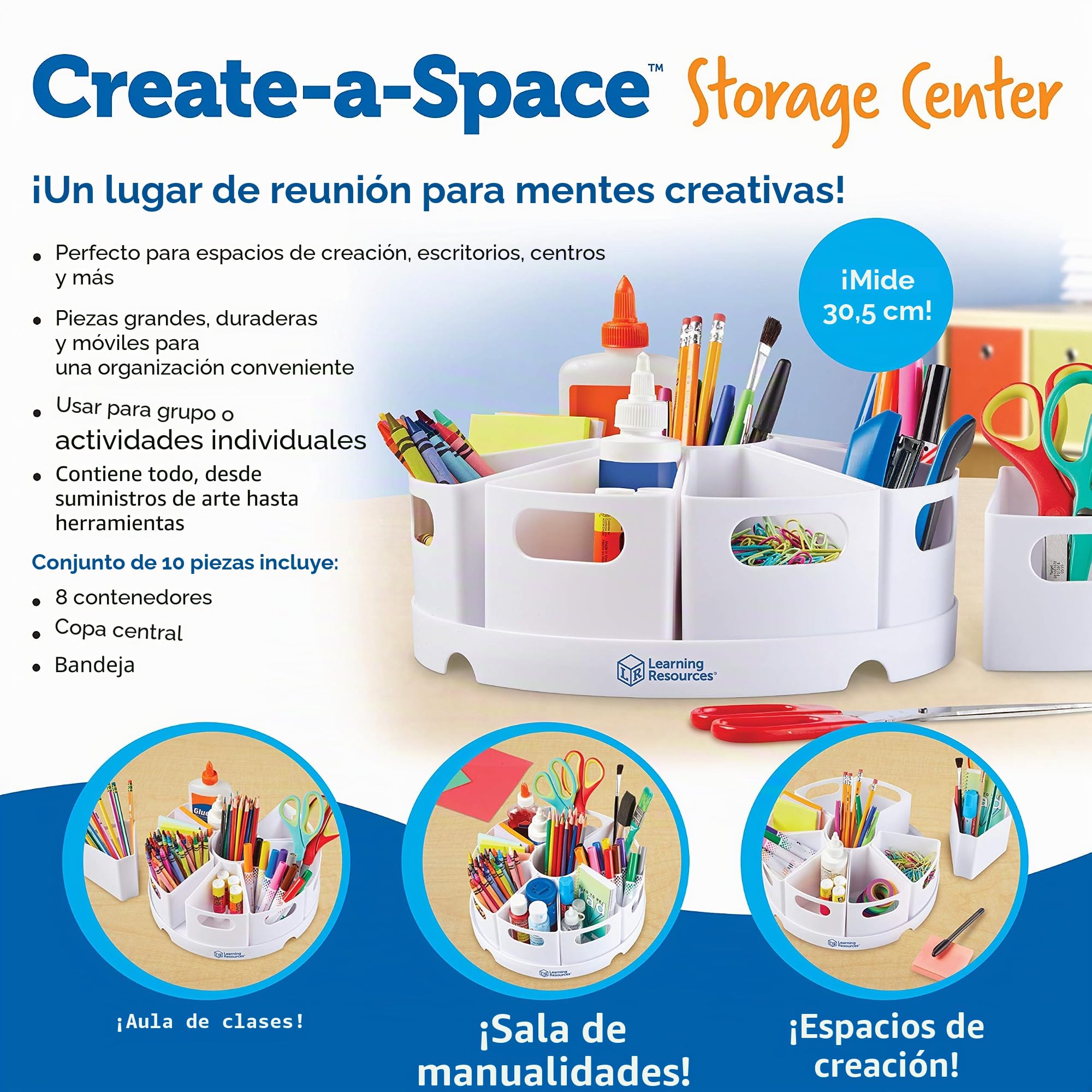 Learning Resources Organizador Create-a-Space (Blanco), de Material de papelería, el Aula y para el hogar, Material plástico Que se Limpia pasando un Trapo, Set de 10 Piezas