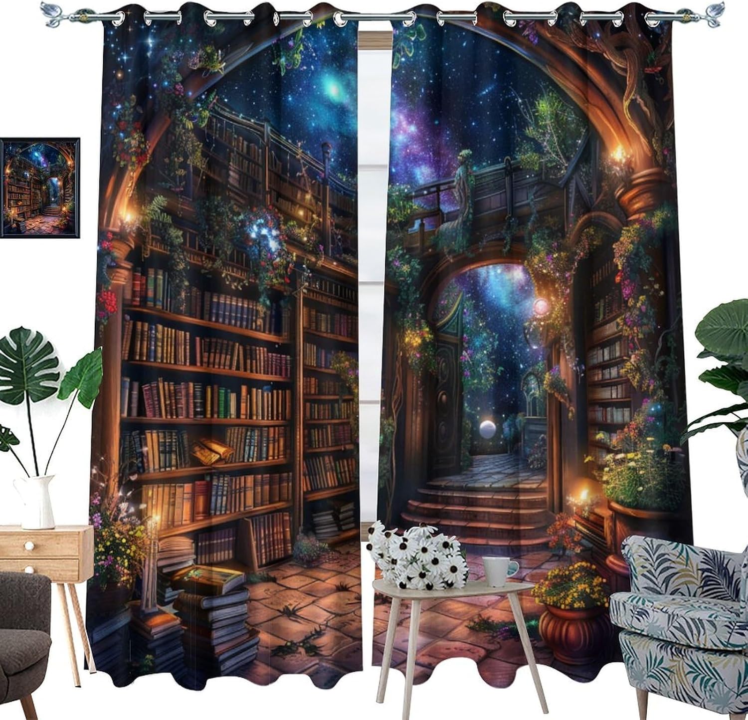 Abstract Bookshelf Blackout Curtains for Bedroom Living Room, Plants Library Star Fantasy Thermal Insulated Curtains Window Drapes with Grommet, 21W x 63L, 2 Panels