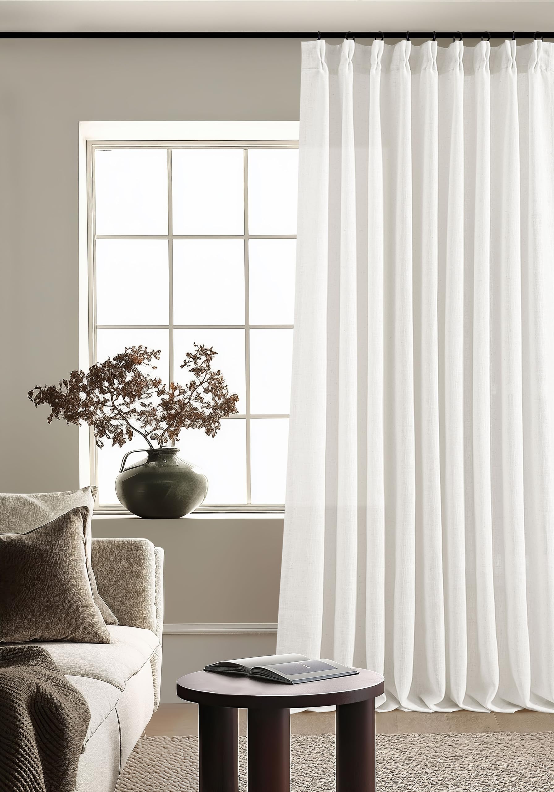 90 Inches Long Linen Curtains 60 Inch Width Pinch Pleated 90 Inch Length for Living Room Bedroom Ivory Off White Semi Sheer Back Tab Hooks Rings Pinch Pleat Curtains for Patio Glass Door 1 Panel