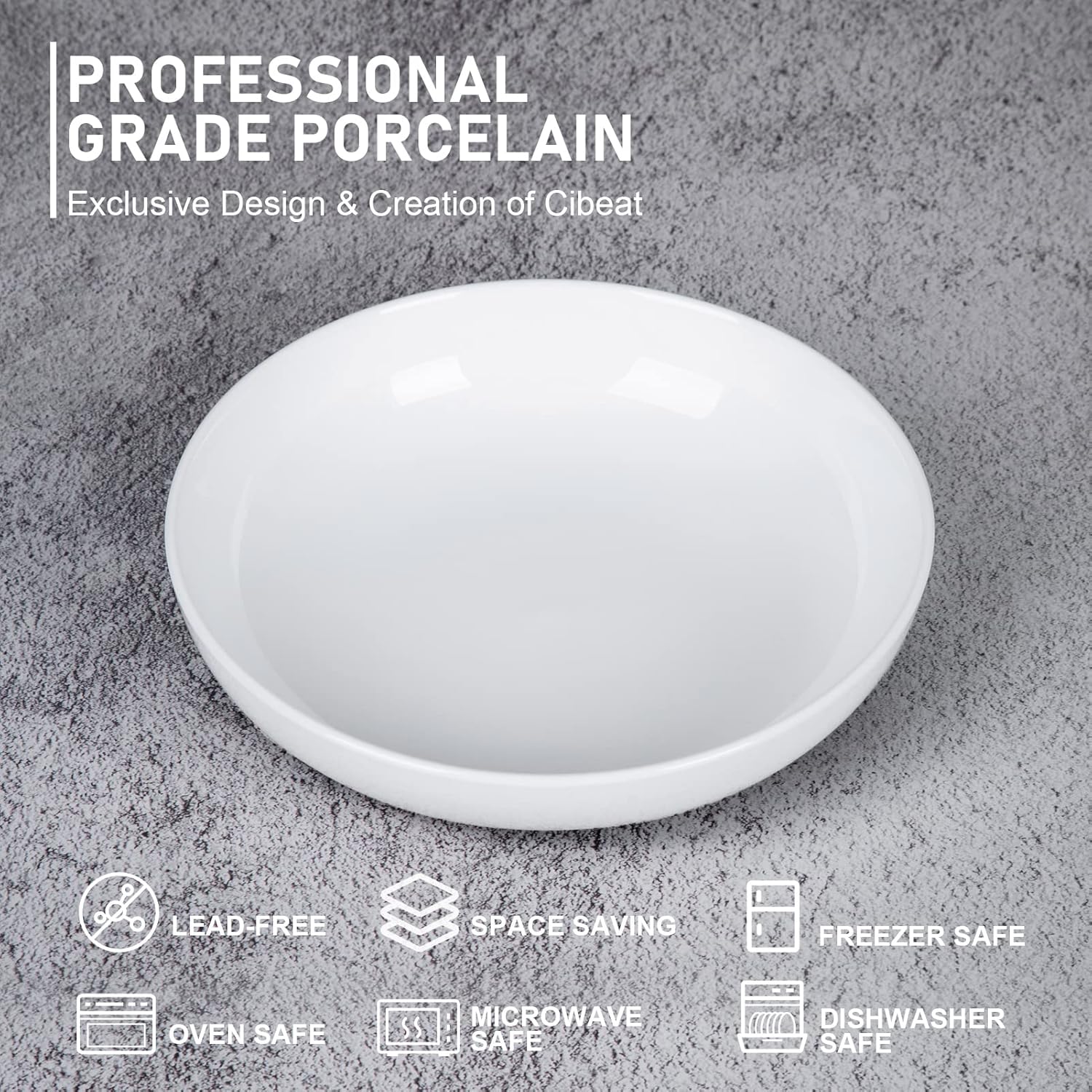 Cibeat 22 Ounce Porcelain Pasta Bowls Set 6 Pack Premium Ceramic Large Capacity Plates for Salad and Soup, Serving Bowl, Microwave & Dishwasher Safe (White)