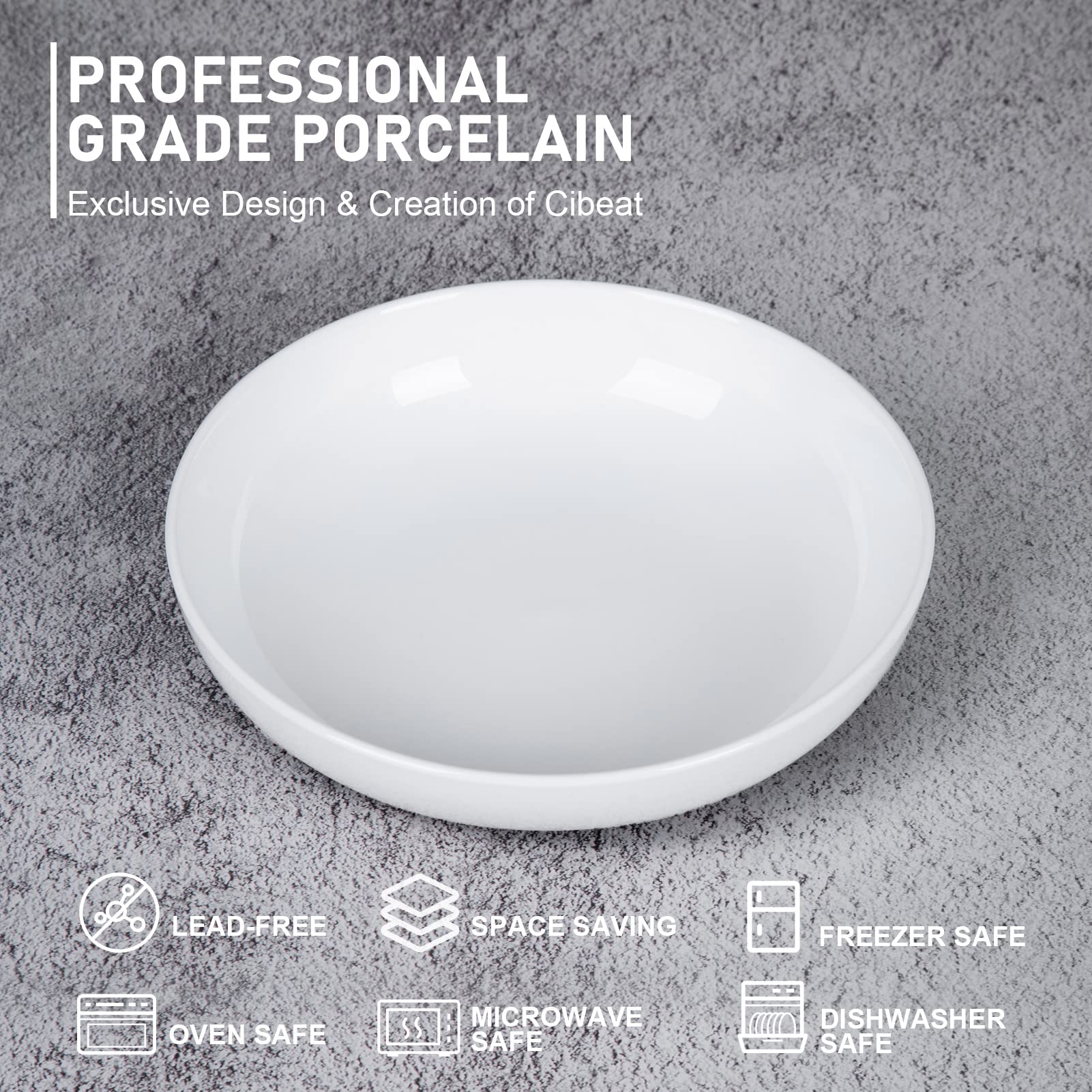 TAMAYKIM 6-Piece Porcelain Pasta Bowls - 8.5 Inch Wide Rim Soup Plates, Microwave & Dishwasher Safe