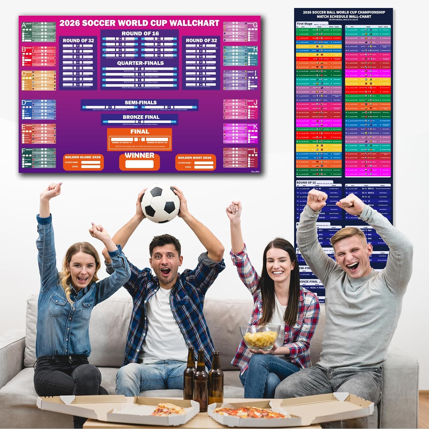 NicceMart World Cup Soccer Ball 2026 Tournament Wallchart Set, 39" x 26" 2 Design All Matches Poster and 39" x 13" Schedule Chart Double Side Printing No Crease for Soccer Party Bar Home Decorations - Image 5