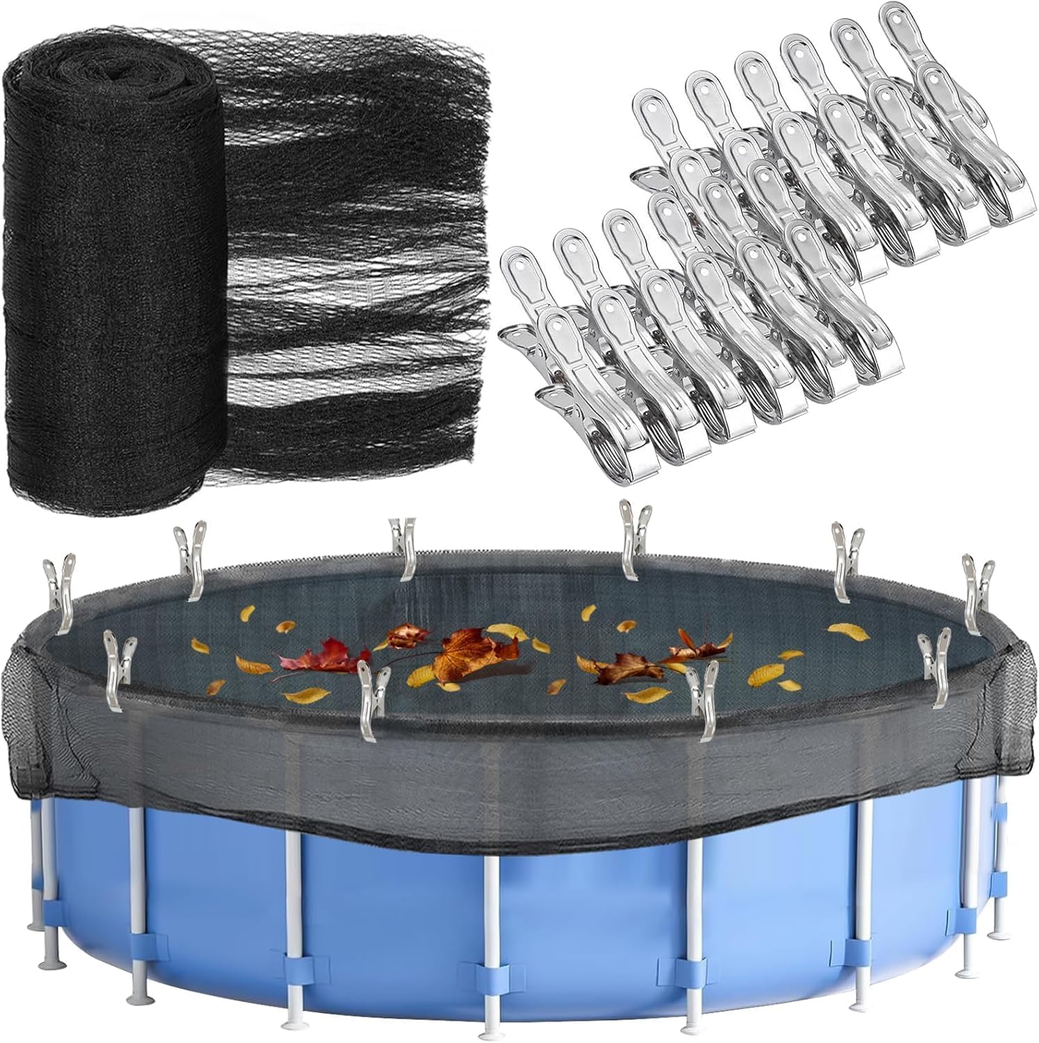 32.7 Feet Round Pool Leaf Net Cover for 30FT Above Ground Pool, 30 Feet Winter Cover Mesh Cover with 20 Pcs Large Metal Clips Pool Safety Net