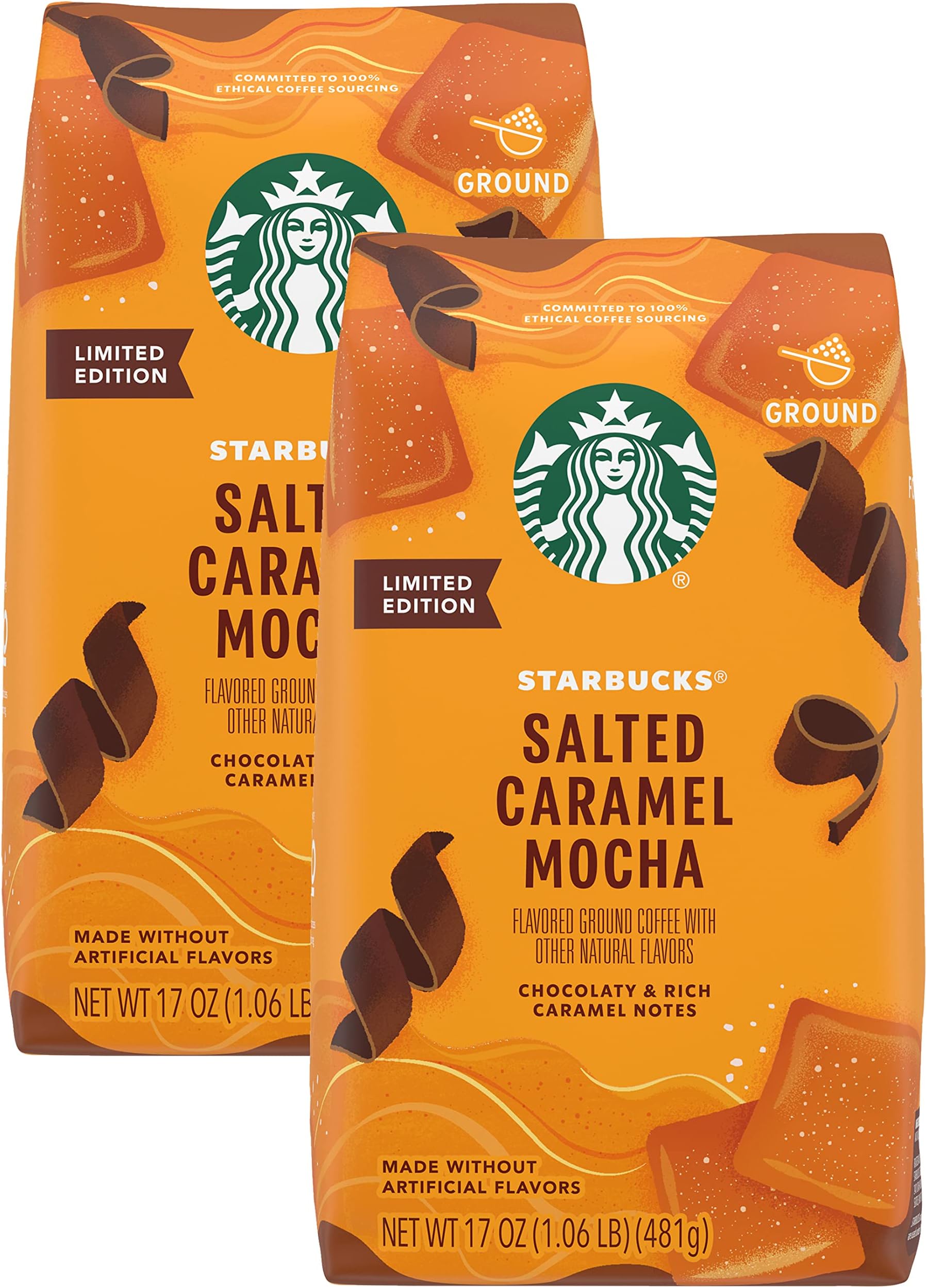 Starbucks Limited Edition Ground Coffee, Salted Caramel Mocha, Chocolaty & Rich Caramel Notes, Made without Artificial Flavors, 17 Ounce Bag (Pack of 2), 1.06 Pound