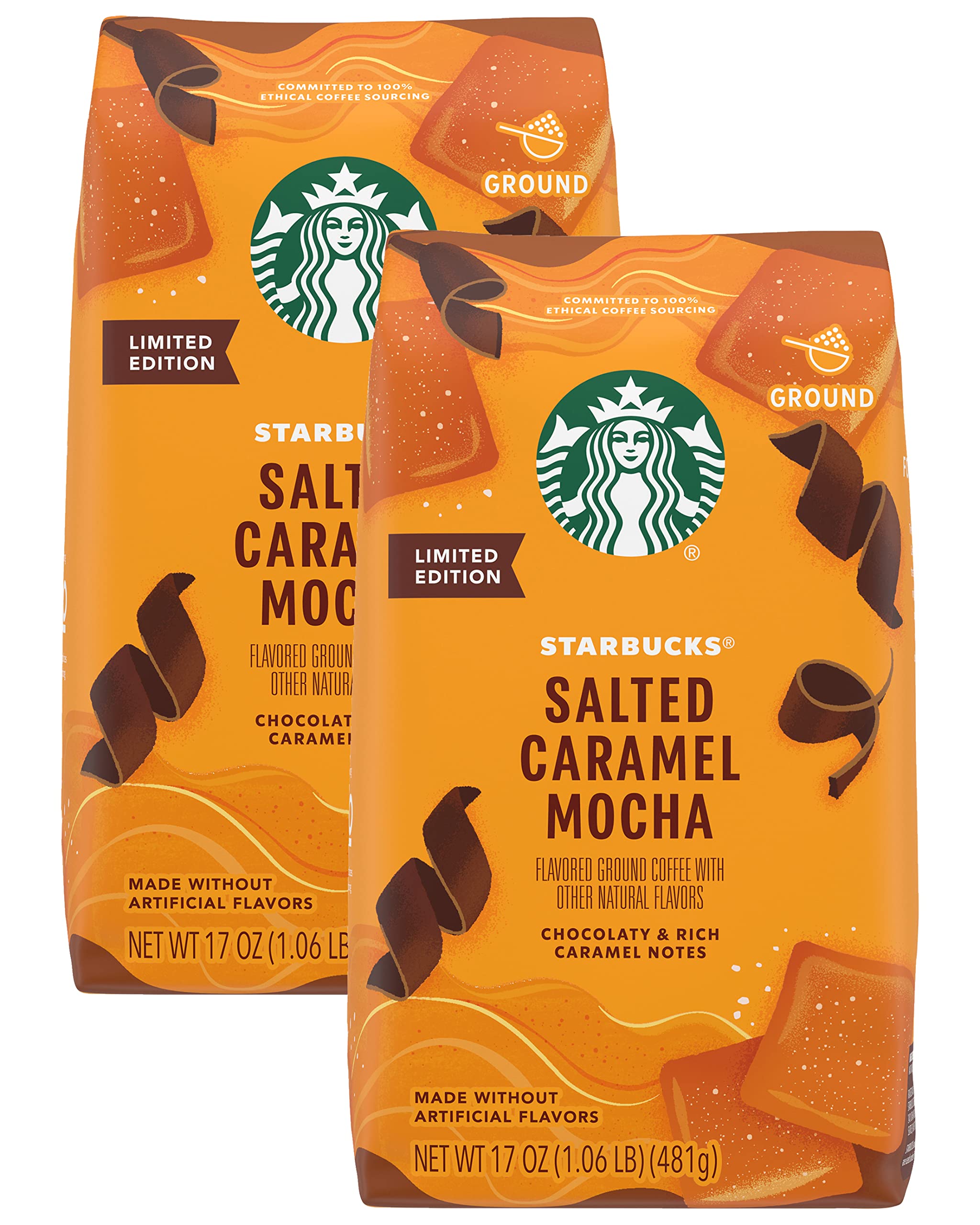 Starbucks Limited Edition Ground Coffee, Salted Caramel Mocha, Chocolaty & Rich Caramel Notes, Made without Artificial Flavors, 17 Ounce Bag (Pack of 2), 1.06 Pound