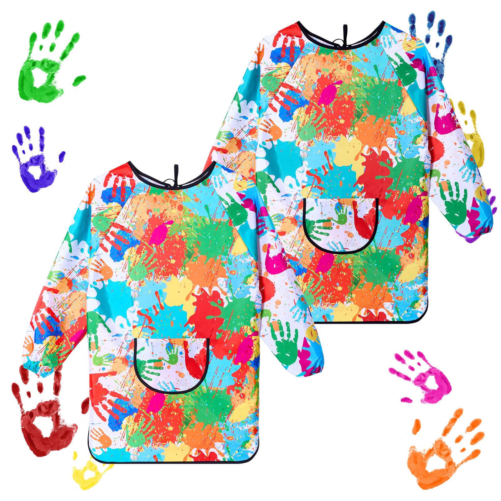 COSBERY 2Pcs Kids Painting Apron for Age 7-12 Years, Waterproof Children's Art Craft Aprons with Large Pockets, Long Sleeve for Painting,Cooking,Eating, Lovely and Colourful Smocks