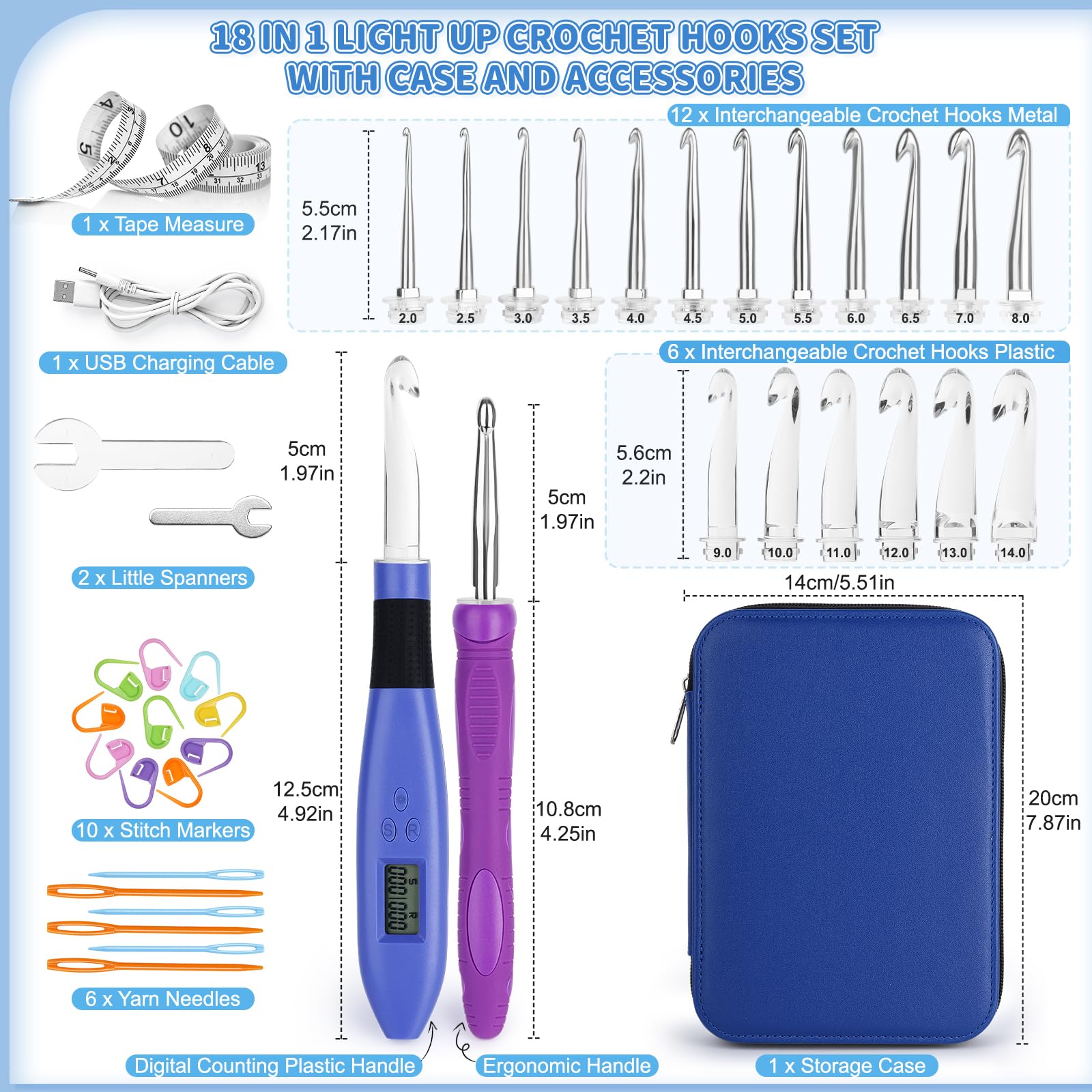 Aeelike Leuchtende Häkelnadel-Set, 18 Größen, 2 mm - 14 mm, austauschbare Häkelnadel mit Licht und Stichzähler, wiederaufladbar, LED-beleuchtet, ergonomische Häkelnadeln für arthritische Hände und