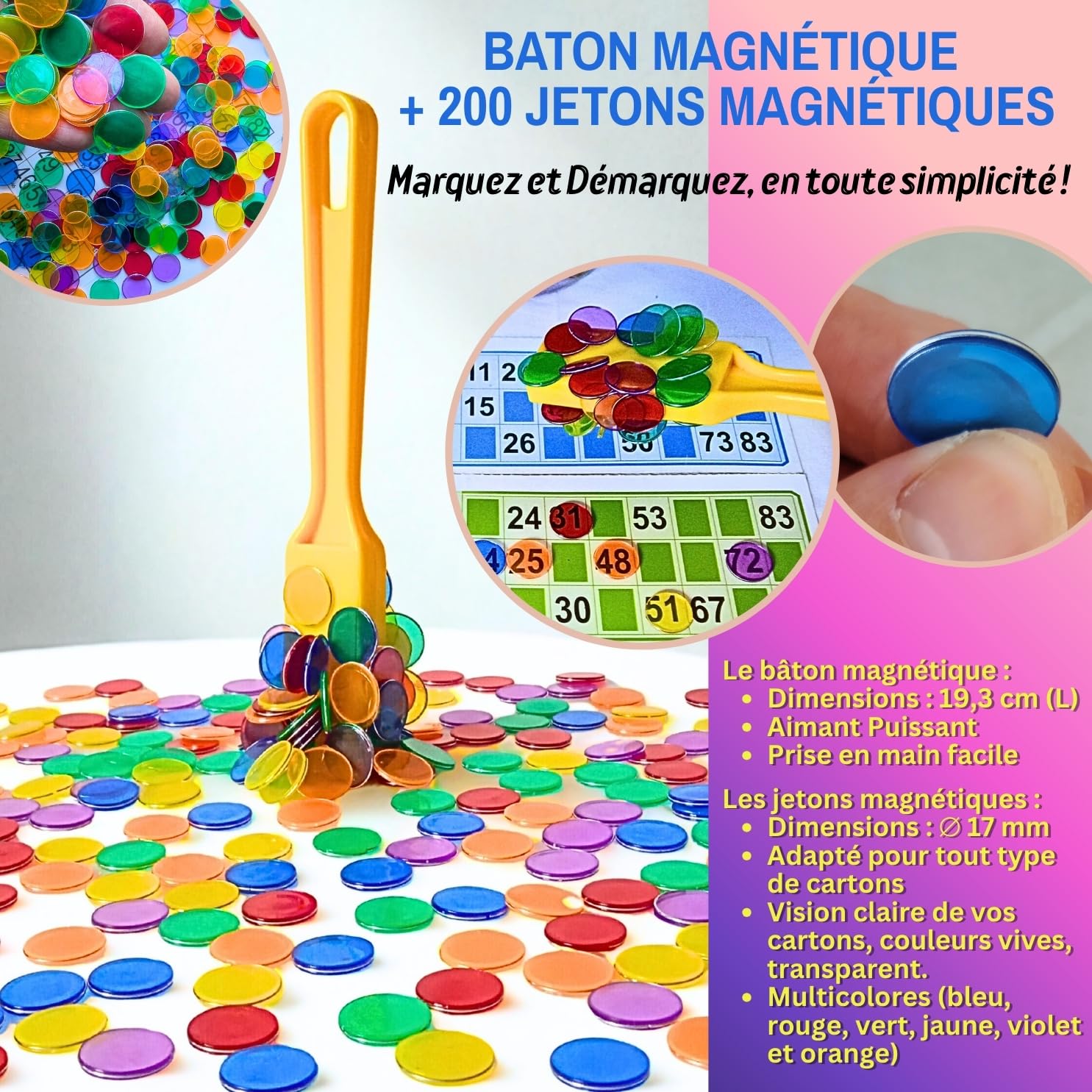 Bolibo Kit 5 en 1 SPÉCIAL Bingo - 1 Sac, 1 Trousse, 4 Marqueurs Bingo, 1 Bâton magnétique et 200 Pions magnétiques - Tous Les Accessoires indispensables pour Les passionnés de Loto/Bingo