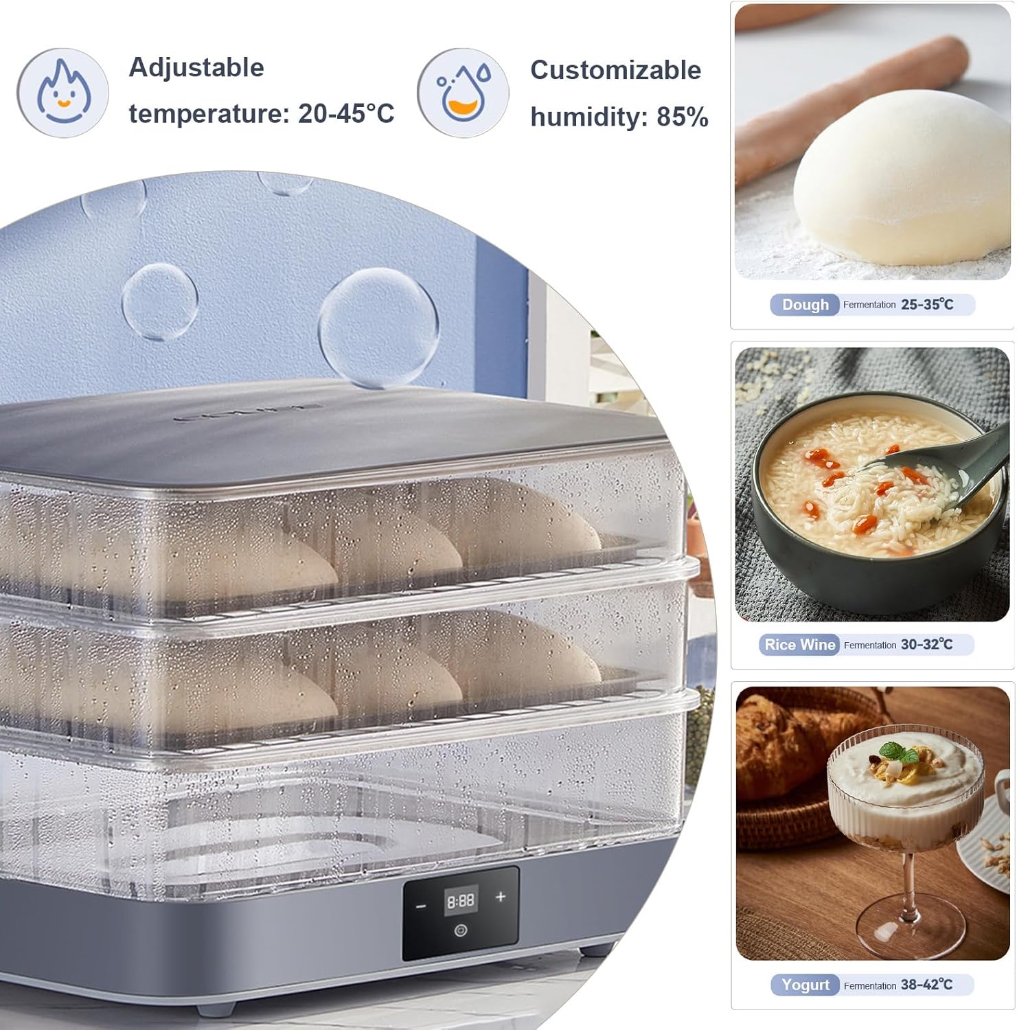 Stackable Bread Proofer Box - 40L Dough Proofer with 85% Humidity, 20-45°C Temp Range & 1-24hr Timer for Perfect Sourdough Rising - Ideal for Bakers