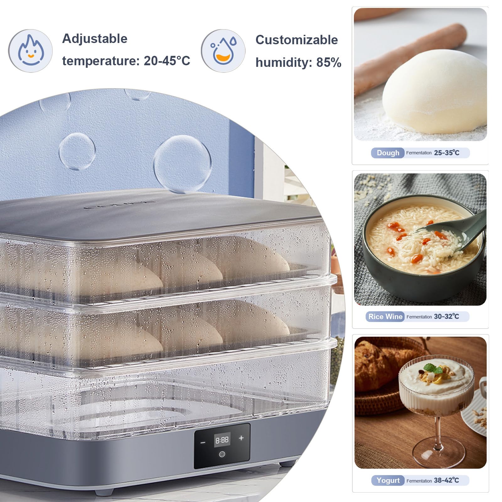 Gärbox Sauerteig & Teigbox mit Deckel – Elektronisch gesteuertes Fermentationsgerät 40L – Automatische Luftfeuchtigkeit, 24h-Timer, Transparent, für Sauerteig, Brot und fermentierte Lebensmittel