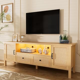 Yeyawomy TV Stand for 75+ Inch TV, Entertainment Center with Storage Cabinet & LED Lights,66" Rattan TV Stand with 2 Drawe... Price In India