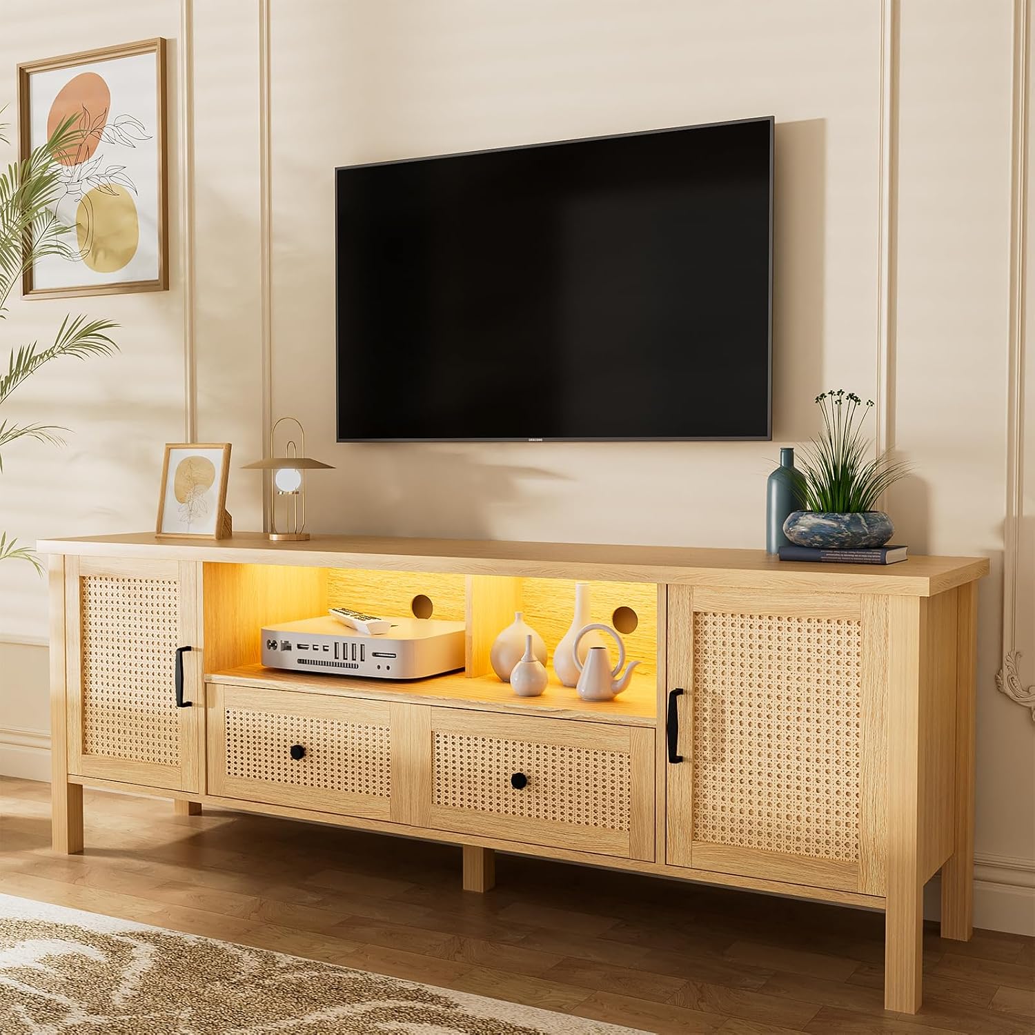 Yeyawomy TV Stand for 75+ Inch TV, Entertainment Center with Storage Cabinet & LED Lights,66" Rattan TV Stand with 2 Drawe... - Review, Price and Buying Guide