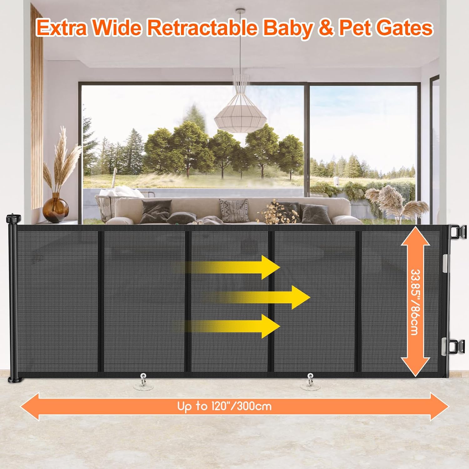 Upgrade 100 inch Retractable Baby Gates, EZIGO Extra Wide Baby Gate for Large Opening Extra Long Mesh Gate for Kids or Pet Dog Gate Child Safety Gate for Stairs Hallways Doorway Indoor Outdoor, Black