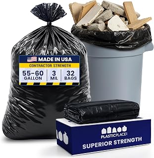 Plasticplace Contractor Trash Bags 55-60 Gallon │ 3.0 Mil │ Black Heavy Duty Garbage Bag │ 38” x 58” (32 Count)