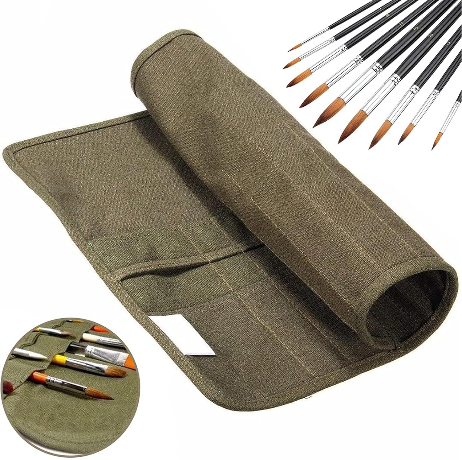 22 slots Paint Brush Case Canvas Paint Brush Holder, Roll Up Storage Bag Holder Canvas Wrap for Acrylic Watercolor Oil Face Brush - Army Green