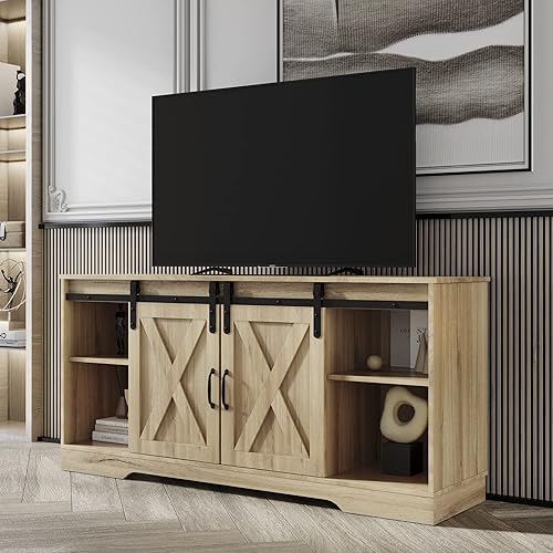 Moderno soporte de TV con puerta corredera de granero, mesa de almacenamiento con estantes ajustables, centro de entretenimiento para sala de estar,