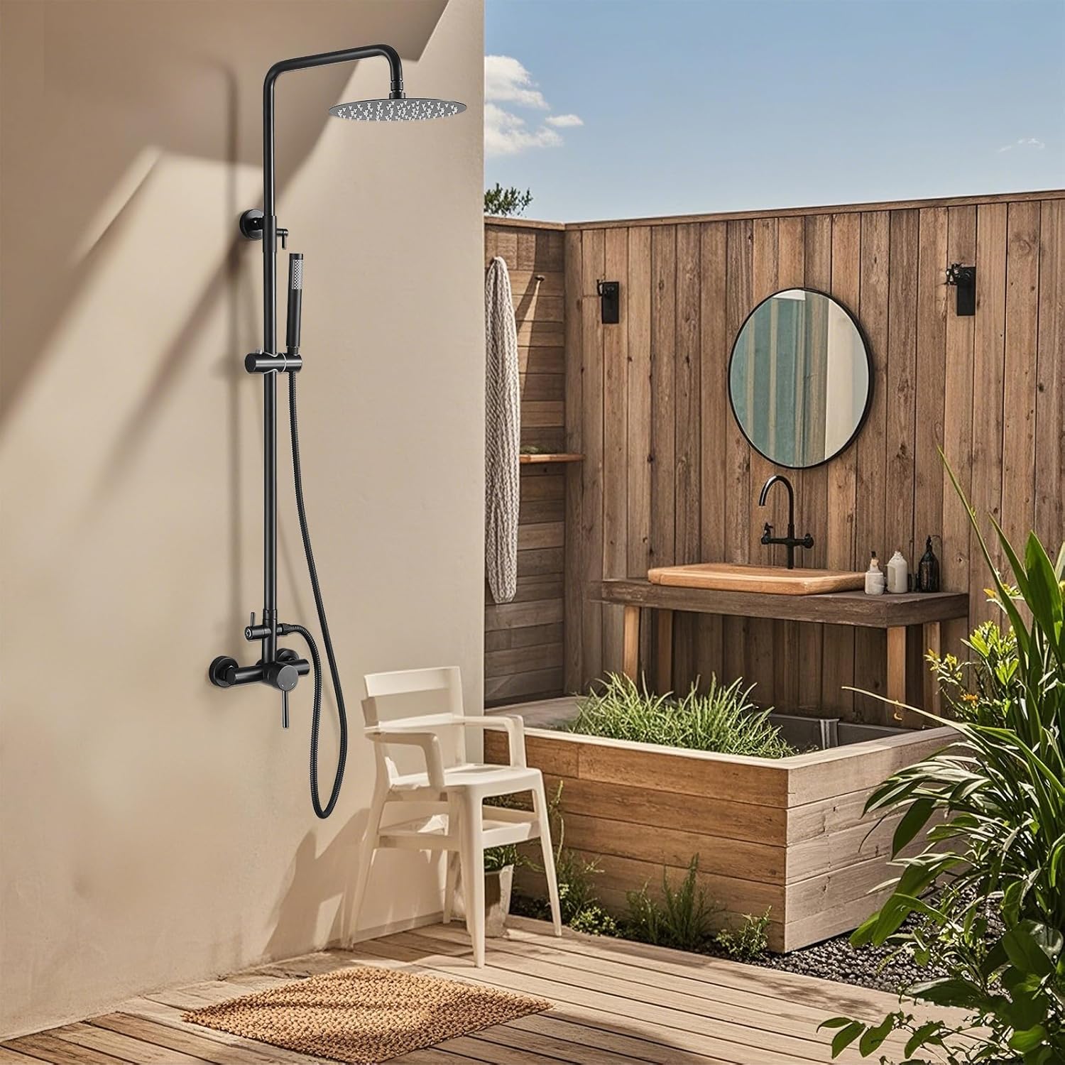 RBROHANT Outdoor Shower Kit installed on an outdoor wall next to a patio area with plants and a wooden sink.