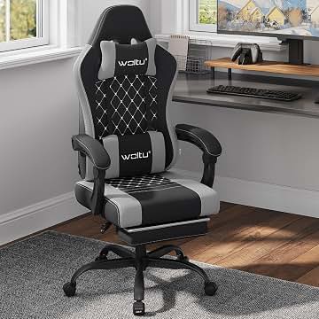 WOLTU Silla de Gaming Ergonómica, Silla Oficina con Soporte Lumbar Masaje y Reposapiés Extraible, Asiento Giratorio de Muelle, Capacidad 150 kg, Tela de Malla, Negro+Gris
