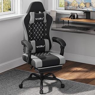 WOLTU Silla de Gaming Ergonómica, Silla Oficina con Soporte Lumbar Masaje y Reposapiés Extraible, Asiento Giratorio de Muelle, Capacidad 150 kg, Tela de Malla, Negro+Gris