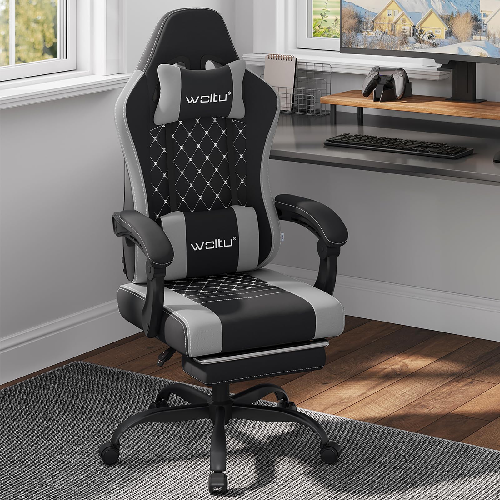 WOLTU Gaming Chair with Pocket Spring Cushion, Massage Ergonomic Office Chair, Wide Padded Swivel Computer Chair with Massage Lumbar Pillow Footrest, 150kg Load, Mesh Fabric, Black+Grey, GS15szg