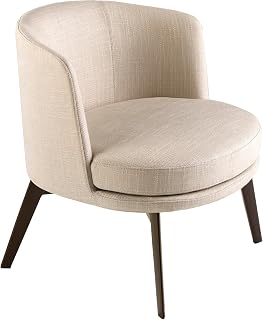 Sillón con asiento y respaldo tapizados en tela crema. Tanto por su estilo, como por sus patas de acero inoxidable color marrón metal, este sillón es la combinación perfecta entre diseño y confort.