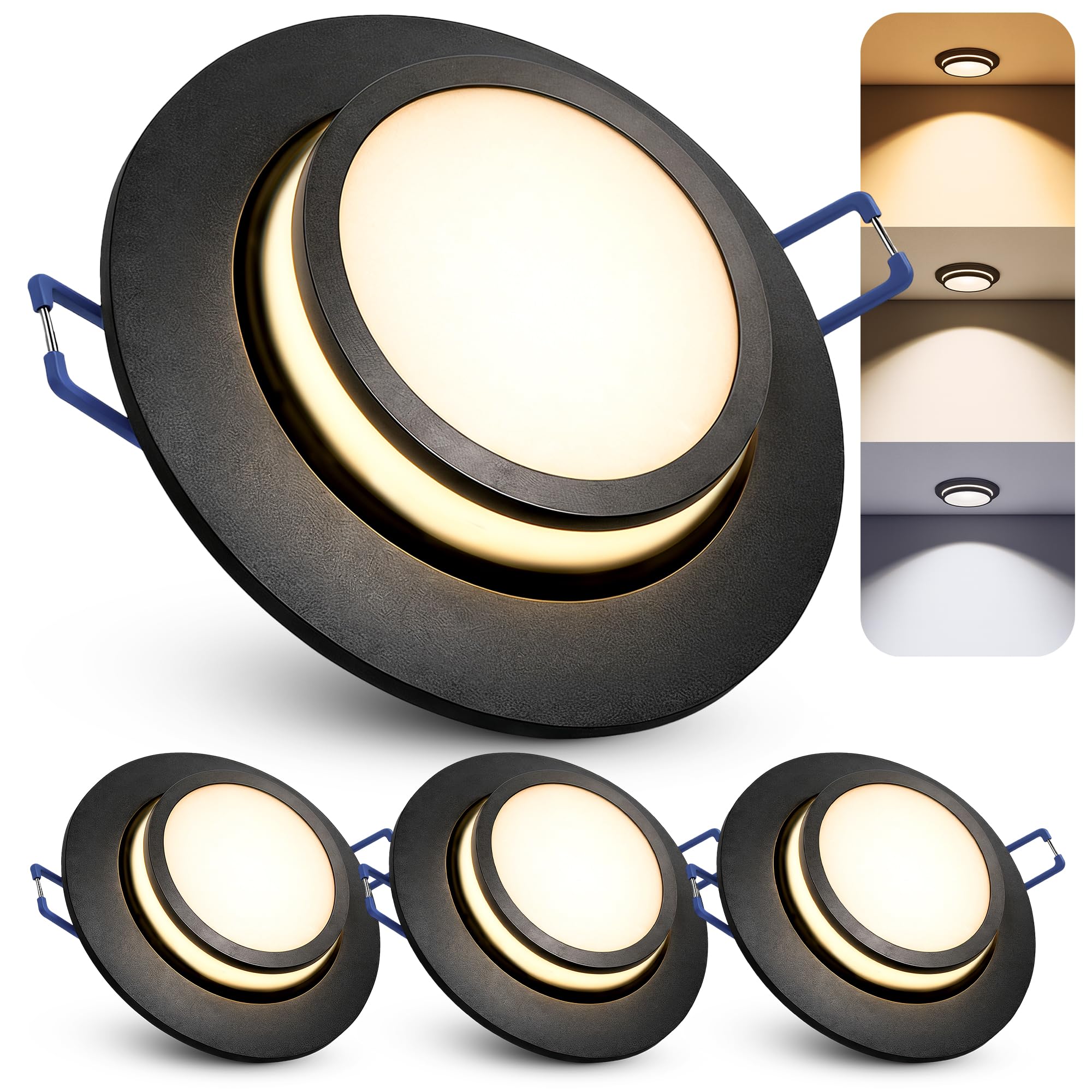 SSC-LUXon LAGO LED Einbauspot 4 Stück schwarz indirekt 4W 3 Lichtfarben | Vier Design-Deckenspots schwarz mit indirektem Licht - warm / neutral / tageslicht, schwenkbar, inkl. LED, nur 35mm tief