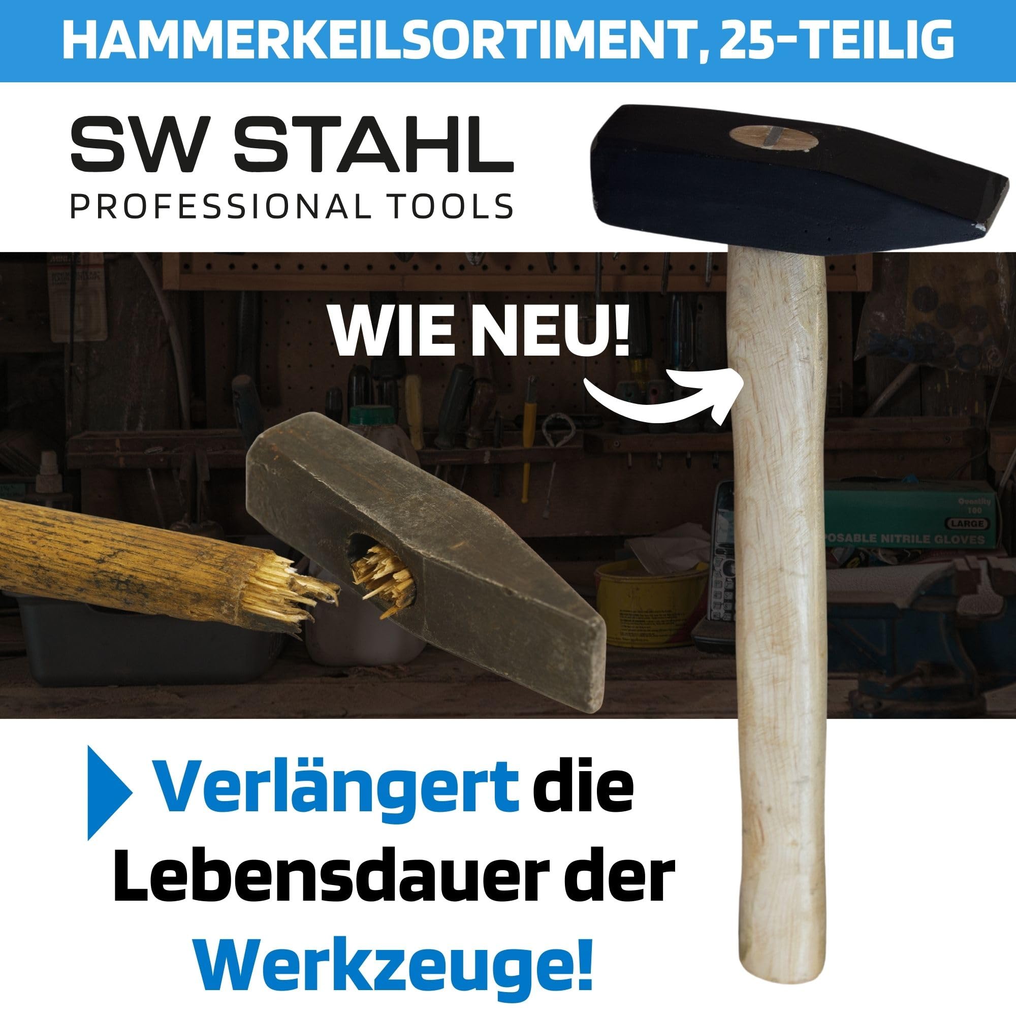 SW-Stahl 50128L Hammerkeilsortiment 25-teilig I Stielbefestigungskeil Set aus verschiedenen Größen I Hammerkeiler für 100 g - 6 kg Kopfgewicht I sichere Verbindung zwischen Hammerstiel und Hammerkopf