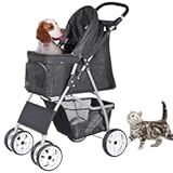 ZENY Foldable Pet Stroller, Cat/Dog Stroller with 4 Wheel, Pet Travel Carrier Strolling Cart with Storage Basket, Cup Holder (Black)