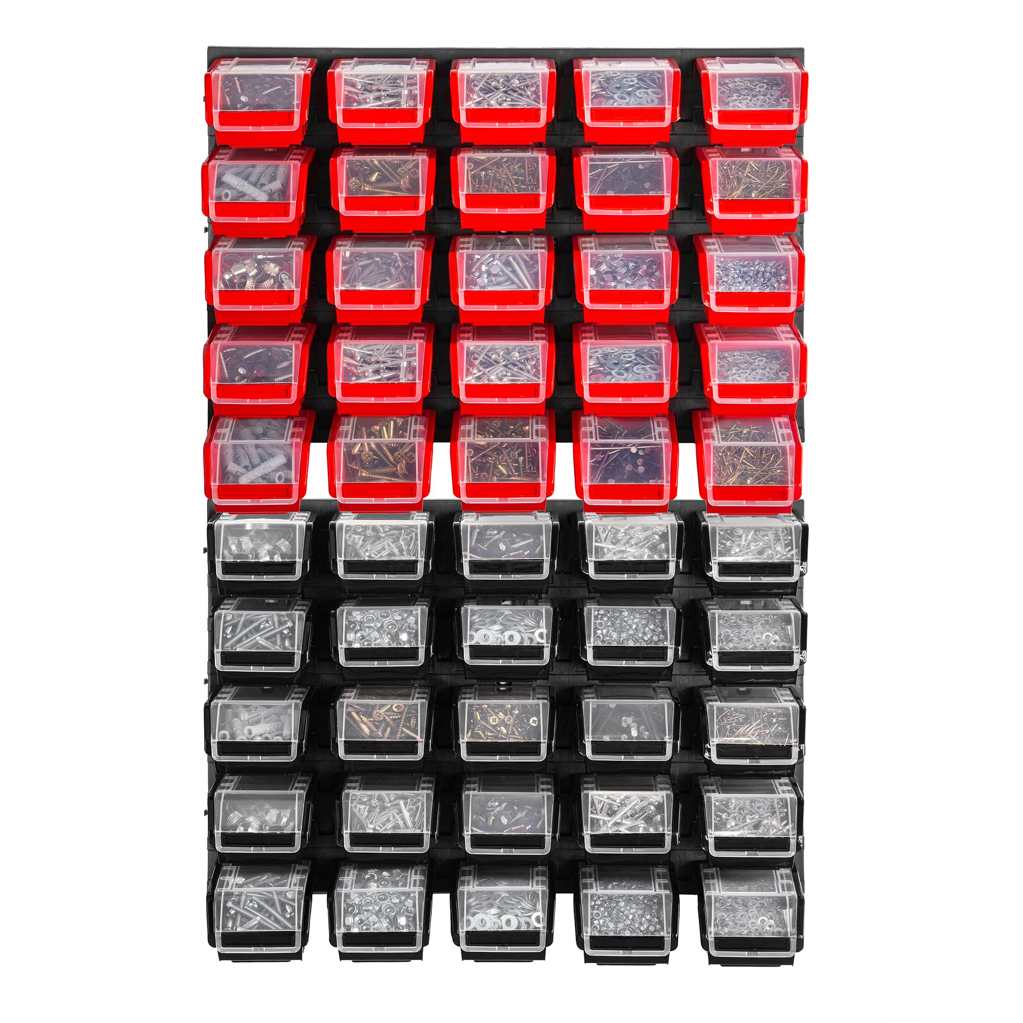 KADAX Estantería de pared para taller, 58 x 78 cm, sistema de almacenamiento de plástico resistente, resistente a los rayos UV, paneles de pared ampliables, estantería (negro y rojo, 50 piezas)