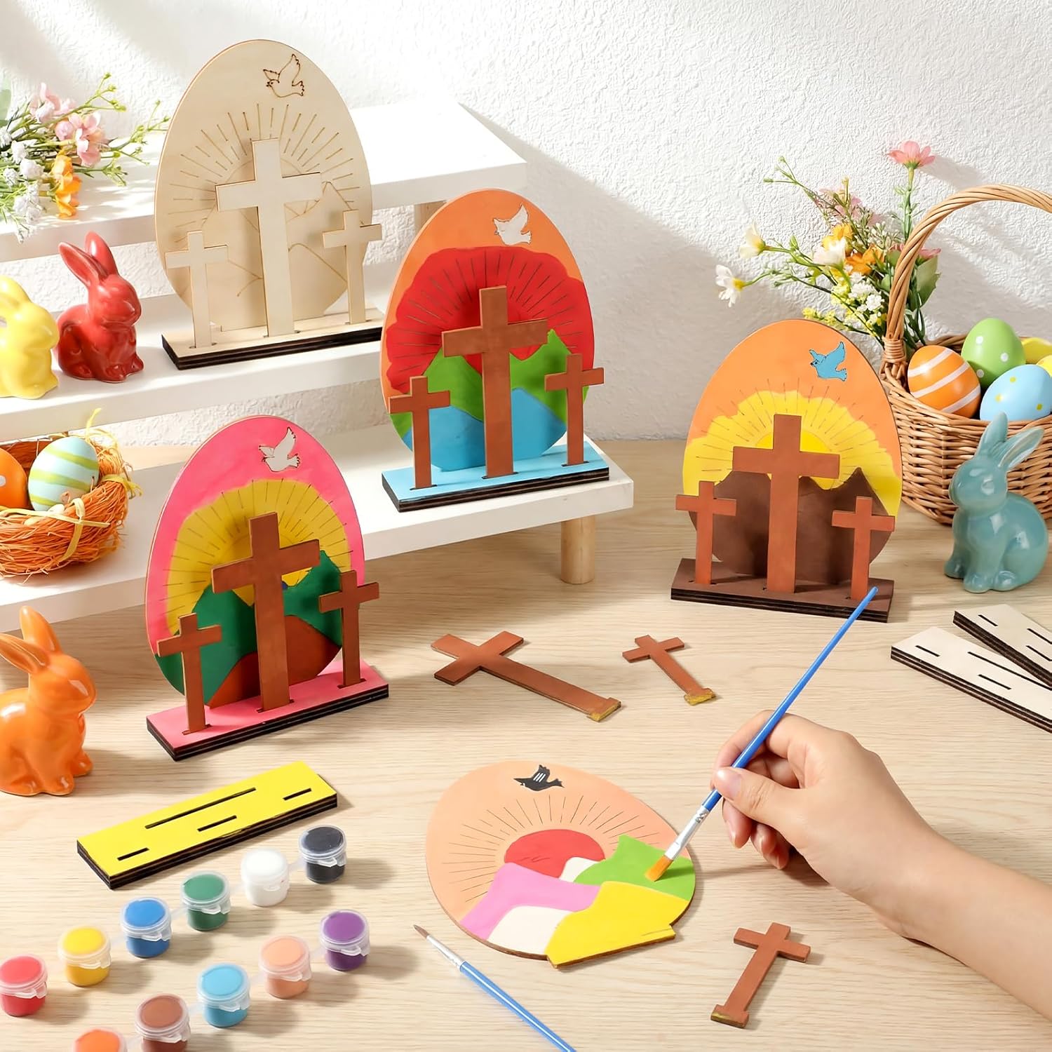 Blueweenly 12 Sets Easter Crafts for Kids Religious - He is Risen Wood Cross DIY Kit for Sunday School, Classroom, Church Events - Bible Bulk Gifts for Creating Table Display