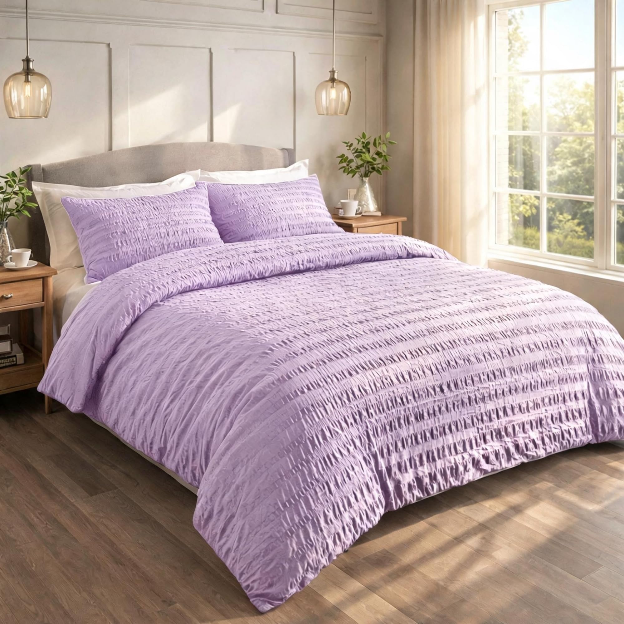 Seersucker Double Duvet Cover Set Lilac with Pillowcase, Ultra Soft Brushed Microfiber Bedding Set, Breathable, Easy Care, Machine Washable Quilt Cover, Wrinkle Resistant