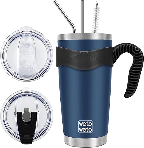 Vista 103 de WETOWETO - Vaso térmico de acero inoxidable de 20 onzas con mango, taza de café con 2 tapas y 2 pajillas, doble pared con aislamiento al vacío, vaso