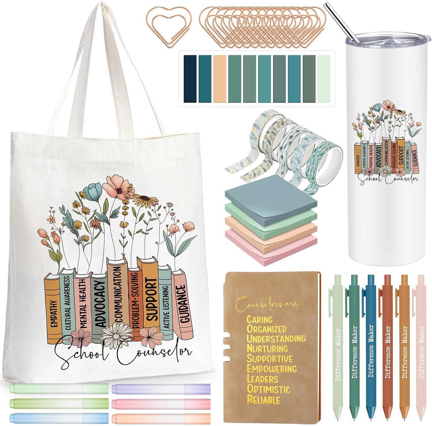 Geiserailie 35 Pcs School Counselor Office Must Haves End of School Year Teacher Appreciation Gifts Set for Women Include 20oz Tumbler Tote Bag Leather Notebook Pen Sticky Note Highlighter Paper Clip