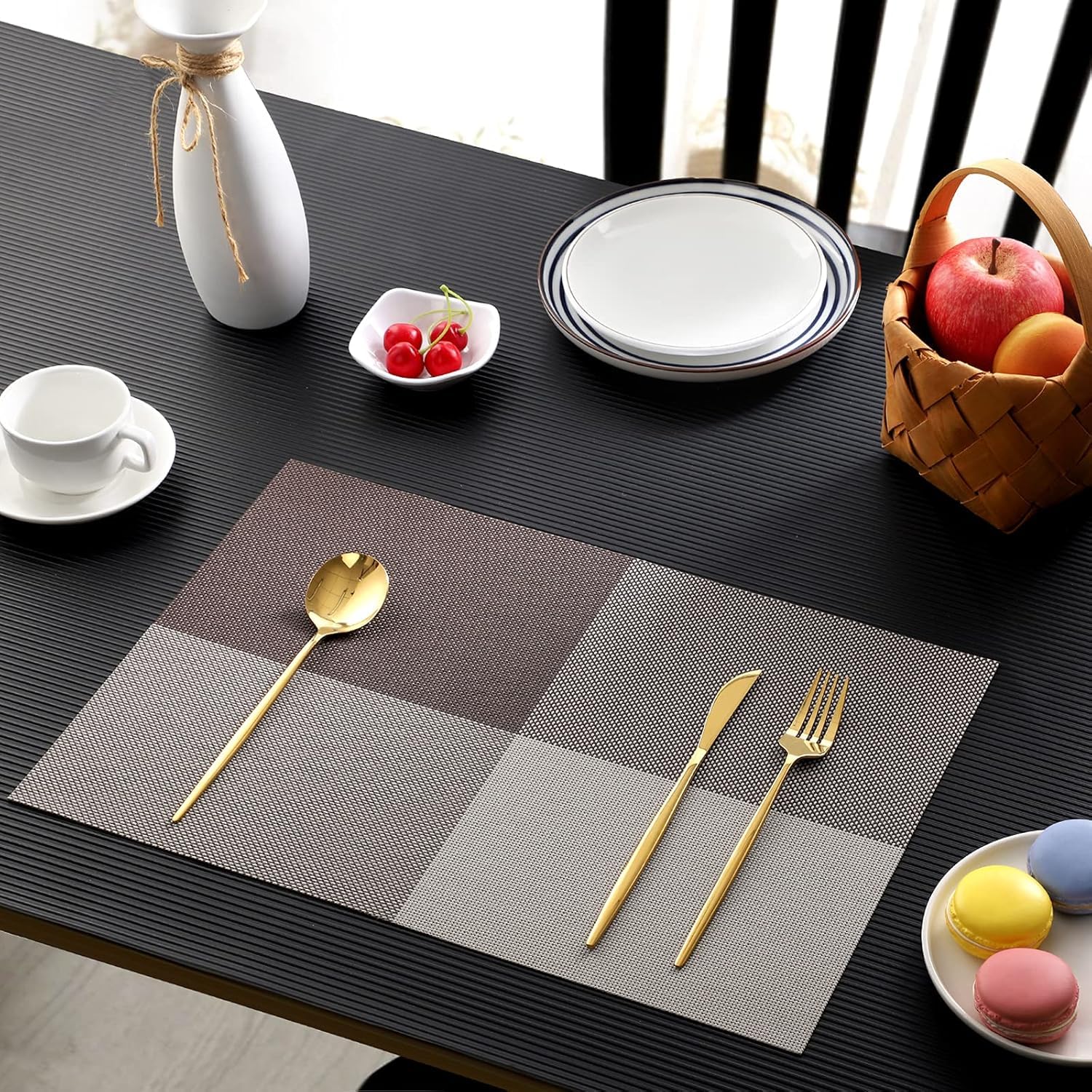 Feinerman 6 Pcs Durable Heat-Resistant Washable PVC Placemats for Dining Table, Non-Slip Anti-Stain Table Mats, Woven Vinyl Dinner Mats, Kitchen Table Mats for Indoor and Outdoor Use (Brown) 1