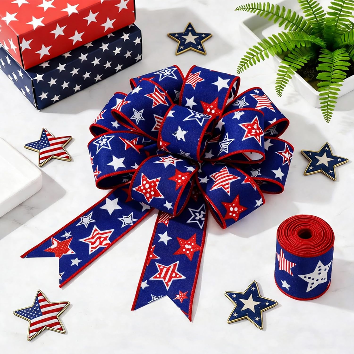 Red White and Blue Ribbon Wired 4th of July Ribbon 2.5 Inch 10 Yards Patriotic Decorations Stars and Stripe Fourth of July Independence Day Memorial Day Veteran USA Party Favor DIY Craft Bow Bouquet