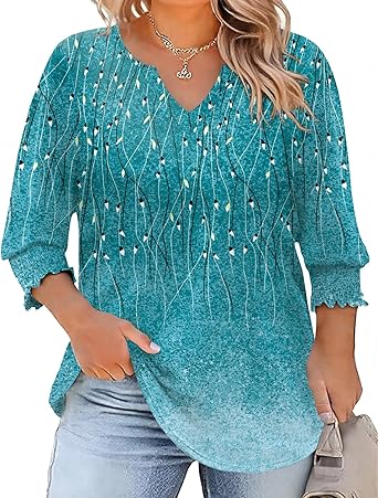 Rapbin Womens Plus Size Tops 3/4 Sleeve Blouses Shirts Casual V Neck Loose Tunic Tops 1X-5X