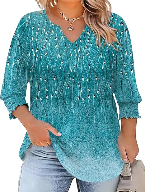 Rapbin Womens Plus Size Tops 3/4 Sleeve Blouses Shirts Casual V Neck Loose Tunic Tops 1X-5X