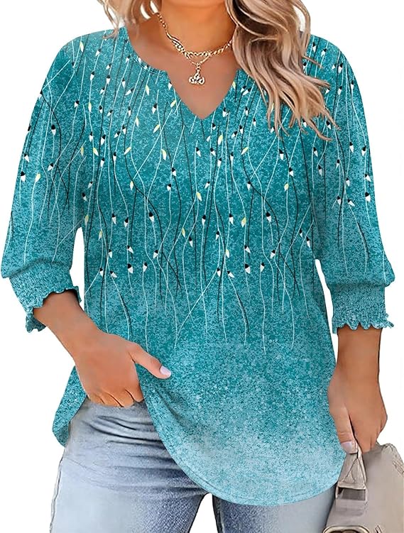 Rapbin Womens Plus Size Tops 3/4 Sleeve Blouses Shirts Casual V Neck Loose Tunic Tops 1X-5X