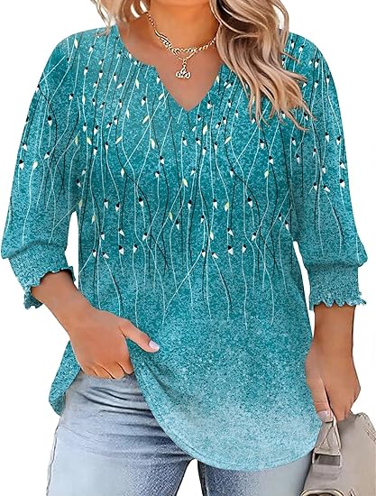 Rapbin Womens Plus Size Tops 3/4 Sleeve Blouses Shirts Casual V Neck Loose Tunic Tops 1X-5X
