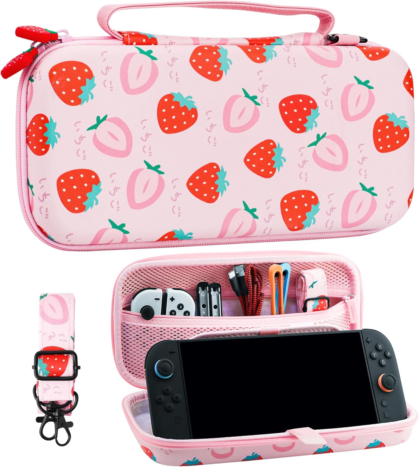 HYPERCASE Pink Strawberry Switch 2 Carrying Case Cute Girly Pouch, Portable Accessories Travel Bag Compatible with Nintendo Switch 2 2025 Console, Large Capacity Storage with Shoulder Strap