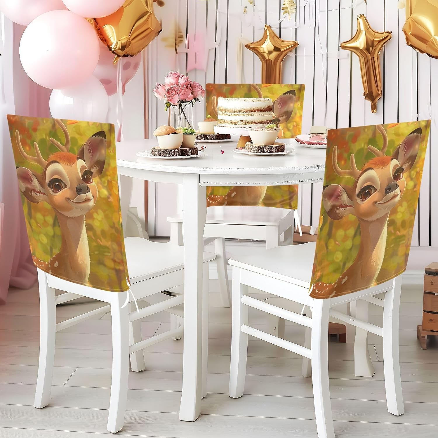 ALAZA Cute Deer Forest Chair Back Cover Set of 6, Washable Reusable Removable Chair Slipcovers Decorative Chair Cover for Home Kitchen Wedding Party